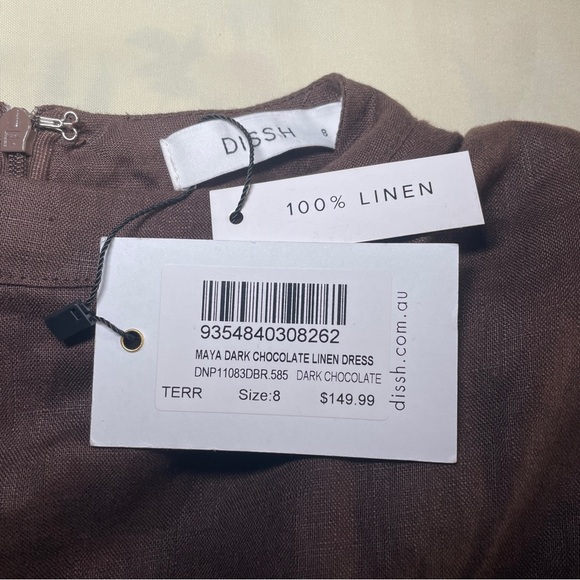 NEW! DISSH- Maya Dark Chocolate Linen Dress Size AU 8 / US Small Long Sleeve - Picture 10 of 10